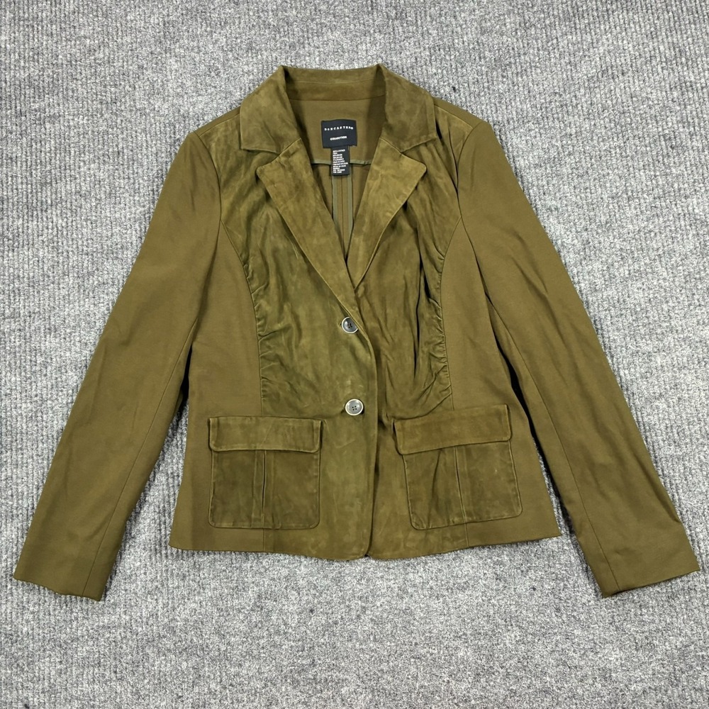 Doncaster Collection Womens Olive Blazer Jacket 14M Genuine Leather Trim Pockets